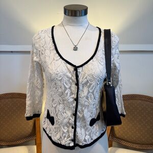 Charlotte Russe Y2K White and Black Lace Cardigan, Cotton-Blend, Size M